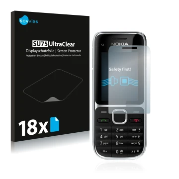 Parte frontal de un envase de producto con el logotipo de la marca Savvies. Al lado se muestra el dispositivo Nokia C2-01 con 