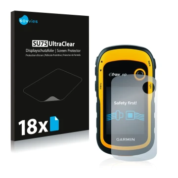 Parte frontal de un envase de producto con el logotipo de la marca Savvies. Al lado se muestra el dispositivo Garmin eTrex 10 