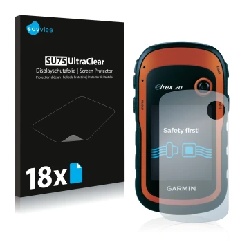 Parte frontal de un envase de producto con el logotipo de la marca Savvies. Al lado se muestra el dispositivo Garmin eTrex 20 