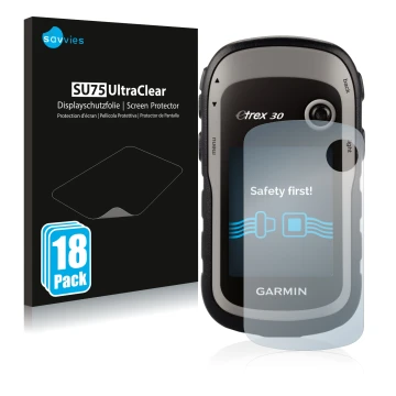 Parte frontal de un envase de producto con el logotipo de la marca Savvies. Al lado se muestra el dispositivo Garmin eTrex 30 