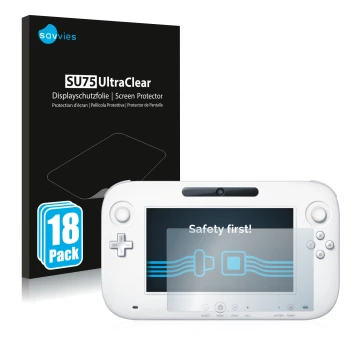 Parte frontal de un envase de producto con el logotipo de la marca Savvies. Al lado se muestra el dispositivo Nintendo Wii U G