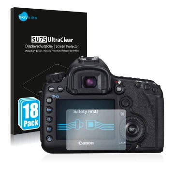 Parte frontal de un envase de producto con el logotipo de la marca Savvies. Al lado se muestra el dispositivo Canon EOS 5D Mar