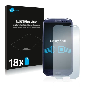 Parte frontal de un envase de producto con el logotipo de la marca Savvies. Al lado se muestra el dispositivo Samsung Galaxy S