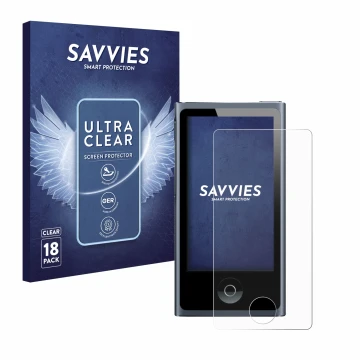 Parte frontal de un envase de producto con el logotipo de la marca Savvies. Al lado se muestra el dispositivo Apple iPod nano 