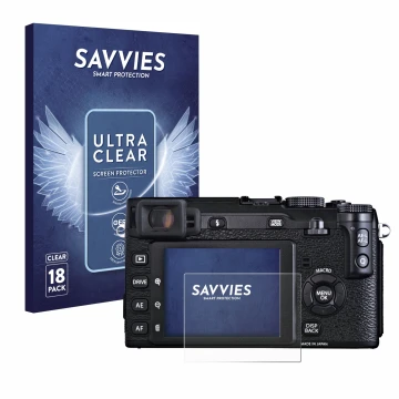 Parte frontal de un envase de producto con el logotipo de la marca Savvies. Al lado se muestra el dispositivo Fujifilm X-E1 co