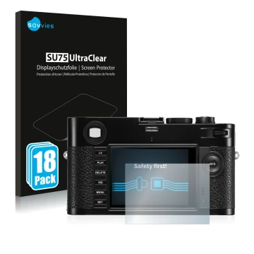 Parte frontal de un envase de producto con el logotipo de la marca Savvies. Al lado se muestra el dispositivo Leica M (Typ 240