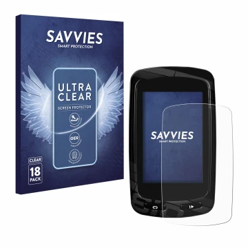 Parte frontal de un envase de producto con el logotipo de la marca Savvies. Al lado se muestra el dispositivo Garmin Edge 810 