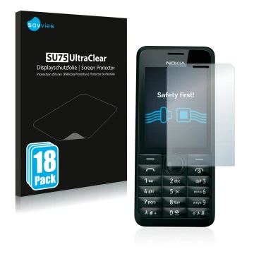 Parte frontal de un envase de producto con el logotipo de la marca Savvies. Al lado se muestra el dispositivo Nokia 301 con su