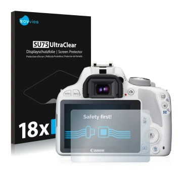 Parte frontal de un envase de producto con el logotipo de la marca Savvies. Al lado se muestra el dispositivo Canon EOS 100D c