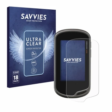 Parte frontal de un envase de producto con el logotipo de la marca Savvies. Al lado se muestra el dispositivo Garmin Oregon 60
