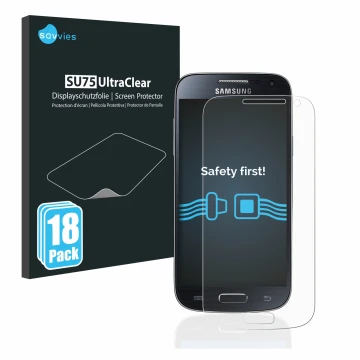Parte frontal de un envase de producto con el logotipo de la marca Savvies. Al lado se muestra el dispositivo Samsung Galaxy S