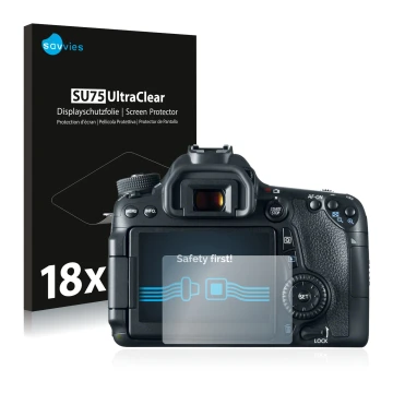 Parte frontal de un envase de producto con el logotipo de la marca Savvies. Al lado se muestra el dispositivo Canon EOS 70D co