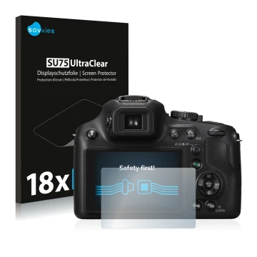 Parte frontal de un envase de producto con el logotipo de la marca Savvies. Al lado se muestra el dispositivo Panasonic Lumix 