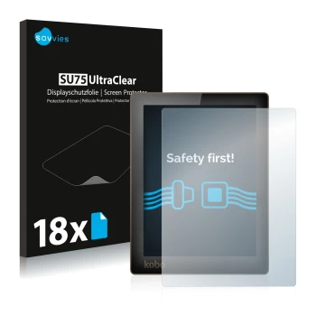 Parte frontal de un envase de producto con el logotipo de la marca Savvies. Al lado se muestra el dispositivo Kobo Aura con su