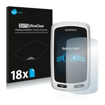 Parte frontal de un envase de producto con el logotipo de la marca Savvies. Al lado se muestra el dispositivo Garmin Edge Tour