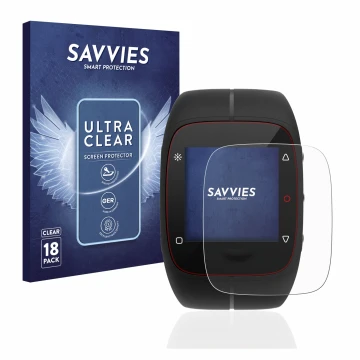 Parte frontal de un envase de producto con el logotipo de la marca Savvies. Al lado se muestra el dispositivo Polar M400 con s