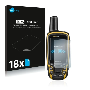 Parte frontal de un envase de producto con el logotipo de la marca Savvies. Al lado se muestra el dispositivo Garmin GPSMAP 64