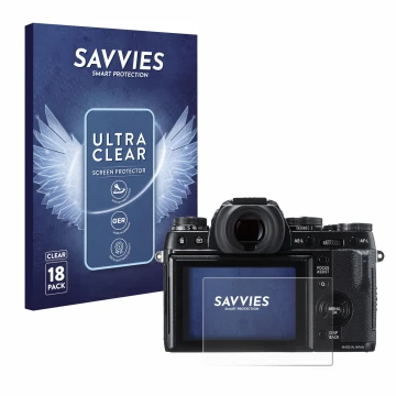 Parte frontal de un envase de producto con el logotipo de la marca Savvies. Al lado se muestra el dispositivo Fujifilm X-T1 co