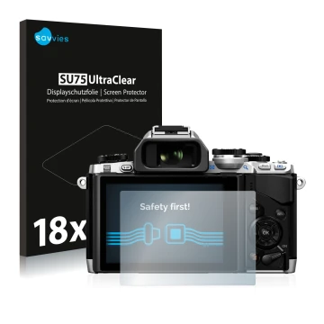 Parte frontal de un envase de producto con el logotipo de la marca Savvies. Al lado se muestra el dispositivo Olympus OM-D E-M