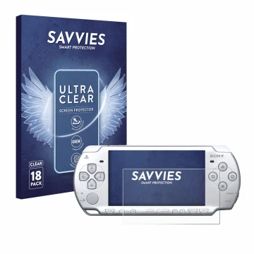 Parte frontal de un envase de producto con el logotipo de la marca Savvies. Al lado se muestra el dispositivo Sony PSP 2004 co