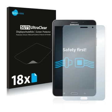 Parte frontal de un envase de producto con el logotipo de la marca Savvies. Al lado se muestra el dispositivo Samsung Galaxy T