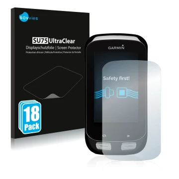 Parte frontal de un envase de producto con el logotipo de la marca Savvies. Al lado se muestra el dispositivo Garmin Edge 1000