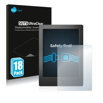 Parte frontal de un envase de producto con el logotipo de la marca Savvies. Al lado se muestra el dispositivo Kobo Aura H2O co