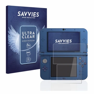 Parte frontal de un envase de producto con el logotipo de la marca Savvies. Al lado se muestra el dispositivo Nintendo New 3DS
