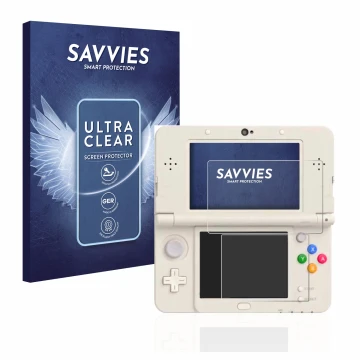 Parte frontal de un envase de producto con el logotipo de la marca Savvies. Al lado se muestra el dispositivo Nintendo New 3DS