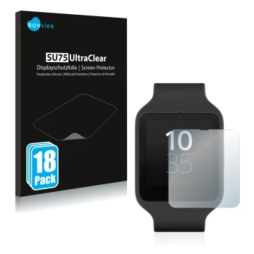 Parte frontal de un envase de producto con el logotipo de la marca Savvies. Al lado se muestra el dispositivo Sony Smartwatch 