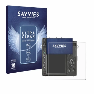 Parte frontal de un envase de producto con el logotipo de la marca Savvies. Al lado se muestra el dispositivo Fujifilm X10 con