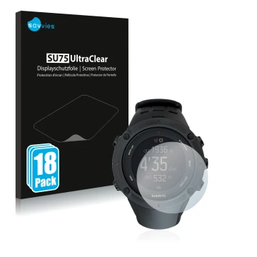 Parte frontal de un envase de producto con el logotipo de la marca Savvies. Al lado se muestra el dispositivo Suunto Ambit3 Pe