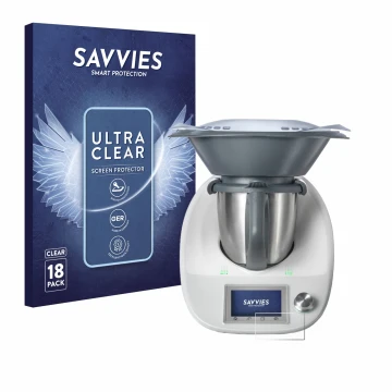 Parte frontal de un envase de producto con el logotipo de la marca Savvies. Al lado se muestra el dispositivo Vorwerk Thermomi