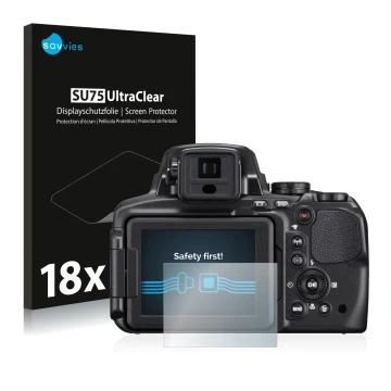 Parte frontal de un envase de producto con el logotipo de la marca Savvies. Al lado se muestra el dispositivo Nikon Coolpix P9