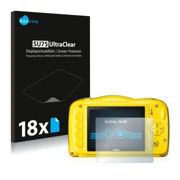 Parte frontal de un envase de producto con el logotipo de la marca Savvies. Al lado se muestra el dispositivo Nikon Coolpix S3