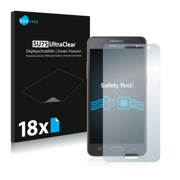 Parte frontal de un envase de producto con el logotipo de la marca Savvies. Al lado se muestra el dispositivo Samsung Galaxy G