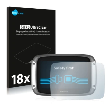 Parte frontal de un envase de producto con el logotipo de la marca Savvies. Al lado se muestra el dispositivo TomTom Rider 400