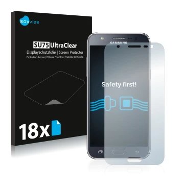 Parte frontal de un envase de producto con el logotipo de la marca Savvies. Al lado se muestra el dispositivo Samsung Galaxy J