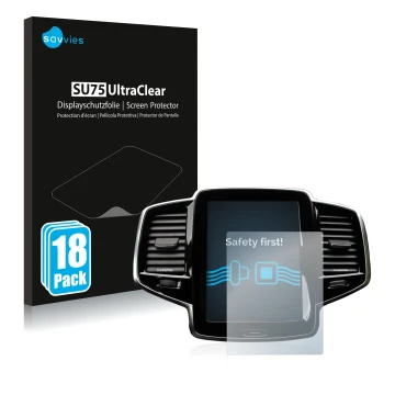 Parte frontal de un envase de producto con el logotipo de la marca Savvies. Al lado se muestra el dispositivo Volvo XC90 Senus