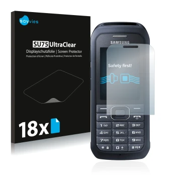 Parte frontal de un envase de producto con el logotipo de la marca Savvies. Al lado se muestra el dispositivo Samsung Xcover 5