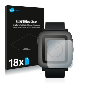 Parte frontal de un envase de producto con el logotipo de la marca Savvies. Al lado se muestra el dispositivo Pebble Time con 