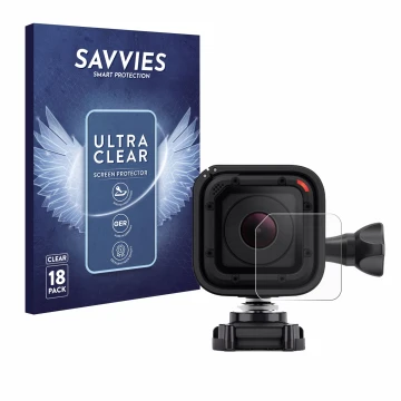 Parte frontal de un envase de producto con el logotipo de la marca Savvies. Al lado se muestra el dispositivo GoPro Hero 4 Ses