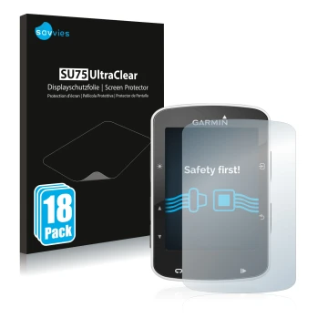 Parte frontal de un envase de producto con el logotipo de la marca Savvies. Al lado se muestra el dispositivo Garmin Edge 520 