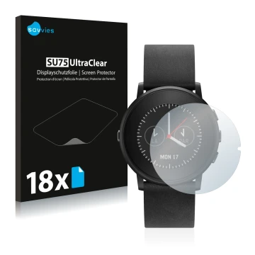 Parte frontal de un envase de producto con el logotipo de la marca Savvies. Al lado se muestra el dispositivo Pebble Time Roun