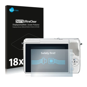 Parte frontal de un envase de producto con el logotipo de la marca Savvies. Al lado se muestra el dispositivo Canon EOS M10 co