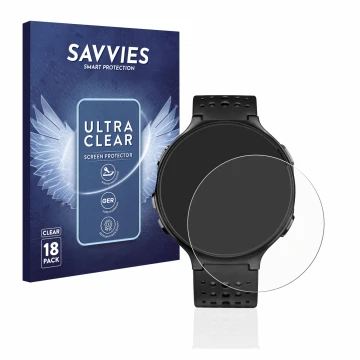 Parte frontal de un envase de producto con el logotipo de la marca Savvies. Al lado se muestra el dispositivo Garmin Forerunne