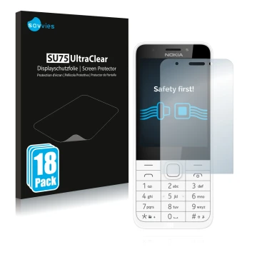 Parte frontal de un envase de producto con el logotipo de la marca Savvies. Al lado se muestra el dispositivo Nokia 230 con su