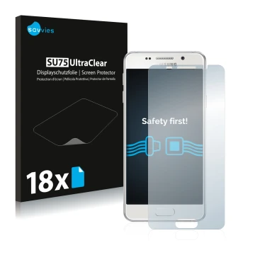 Parte frontal de un envase de producto con el logotipo de la marca Savvies. Al lado se muestra el dispositivo Samsung Galaxy A