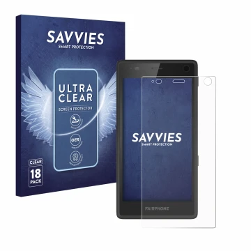 Parte frontal de un envase de producto con el logotipo de la marca Savvies. Al lado se muestra el dispositivo Fairphone 2 con 