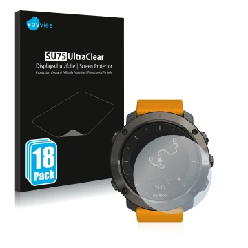 Parte frontal de un envase de producto con el logotipo de la marca Savvies. Al lado se muestra el dispositivo Suunto Traverse 